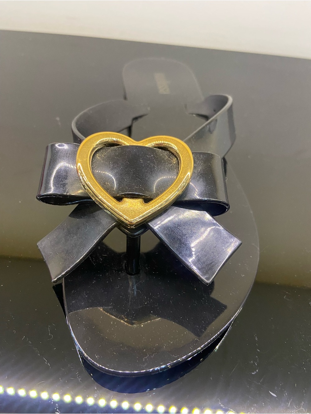 Melissa Black Bow Slide Sandals with Gold Heart Accent
